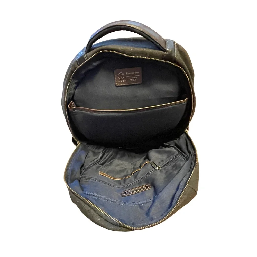 T-Tech by Tumi Forge Bessemer Backpack Black Brown Canvas Leather Travel Bag